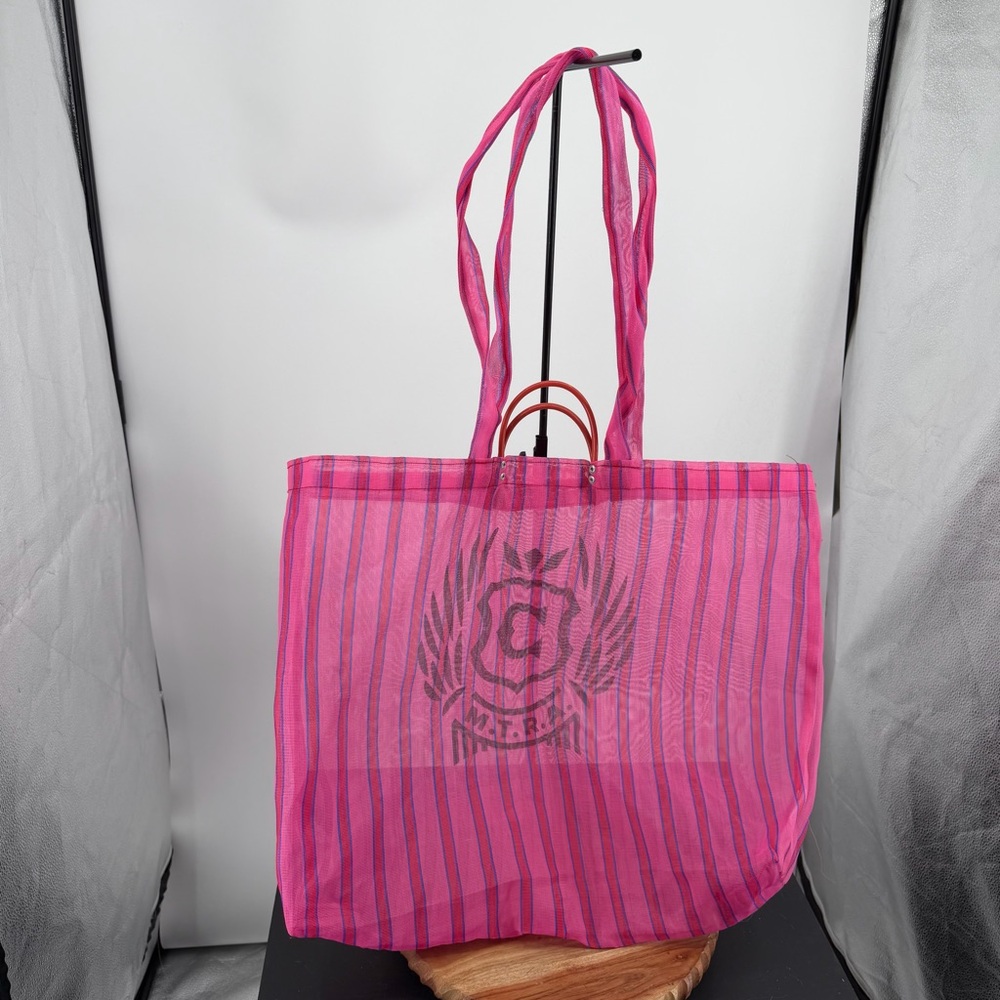 Consuela Womens Pink Striped Large Mesh Mexican Market Shopping Tote with Strap
